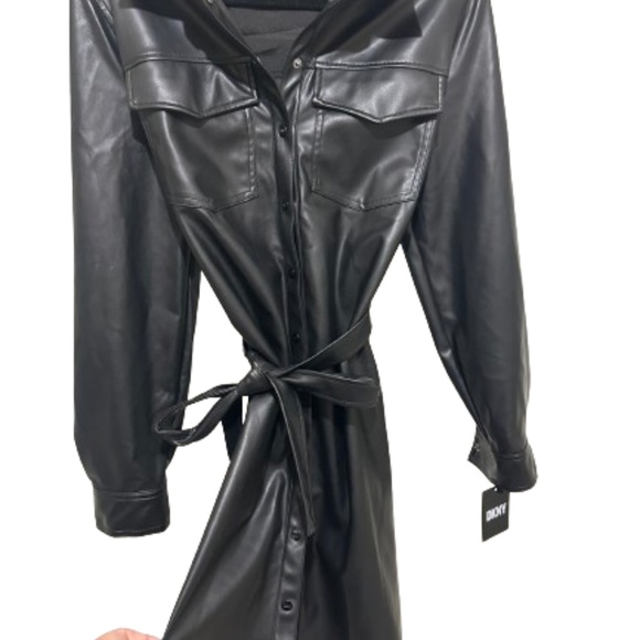 NWT_DKNY Long Sleeve Faux Leather Shirtdress  Snap-Closure Belted Medium - Picture 4 of 16